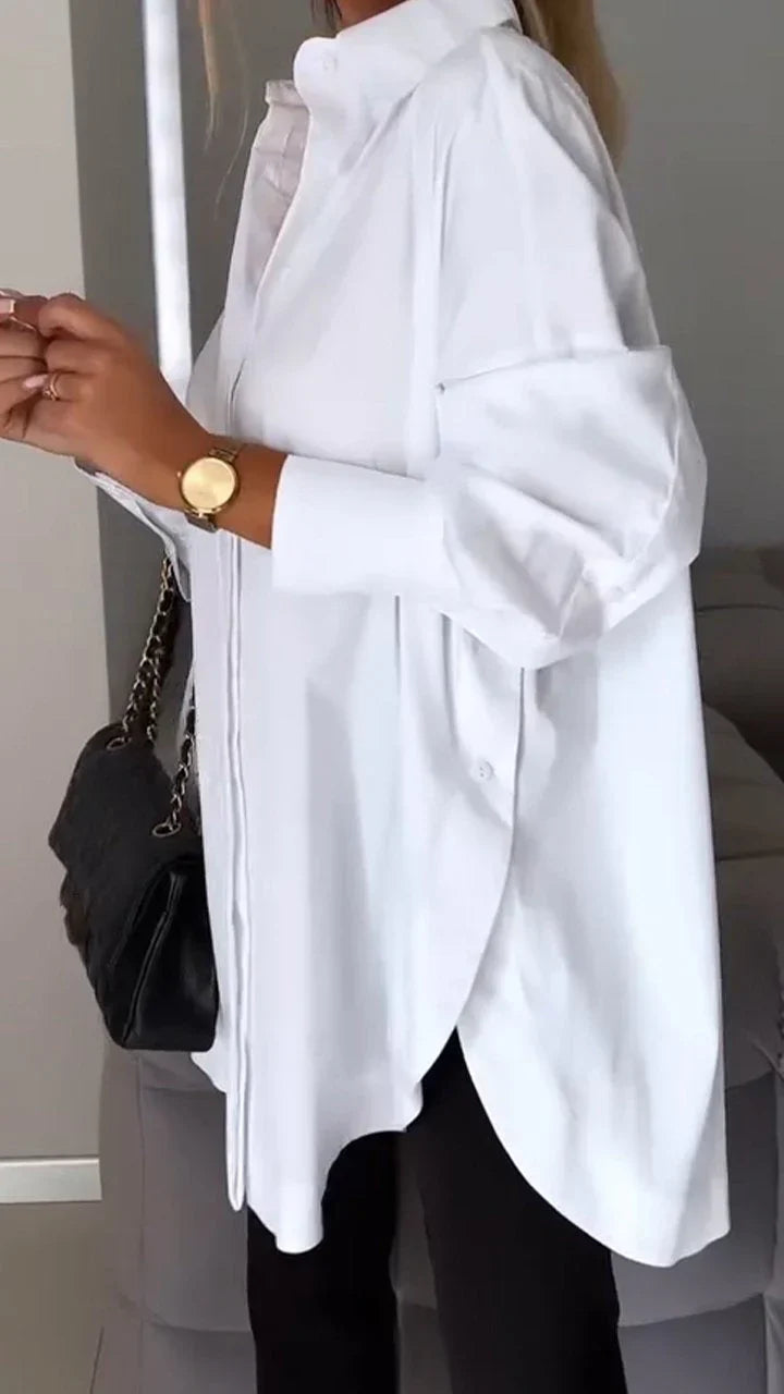 Women’s Oversized White Shirt – Relaxed Polyester Button-Down Blouse