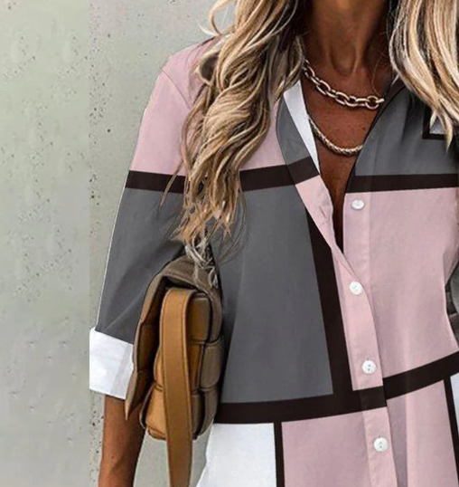 Women’s Printed V Neck Shirt – Long Sleeve Casual Print Blouse