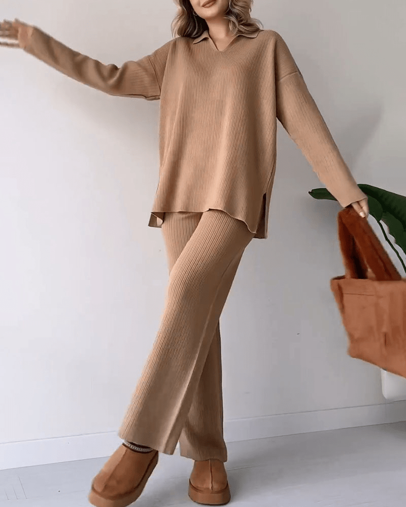 Two-Piece Lounge Set Women – Soft Knit Top and Relaxed Pants