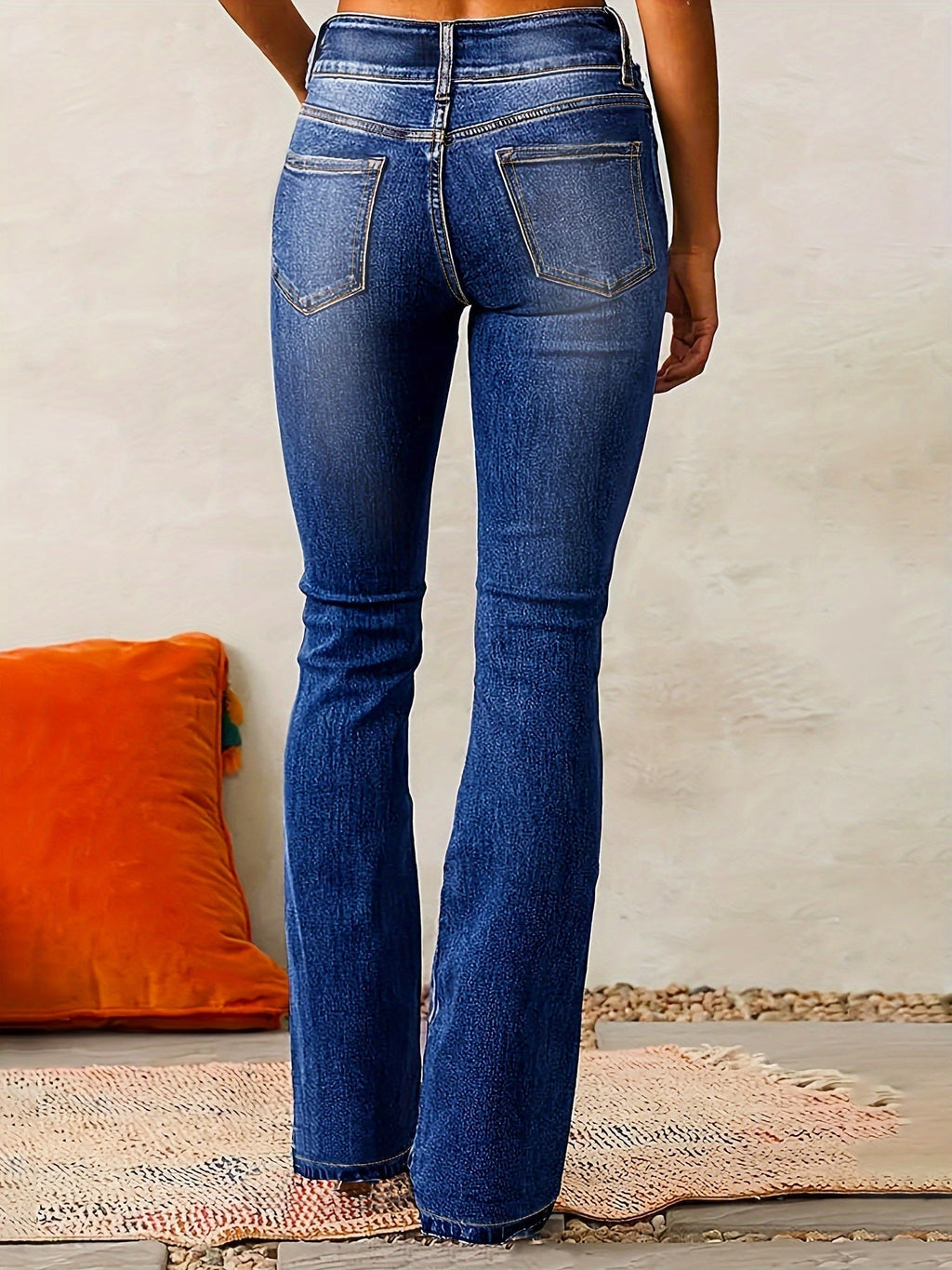 Women’s High-Waisted Flared Jeans – Stretch Polyester Denim Trousers