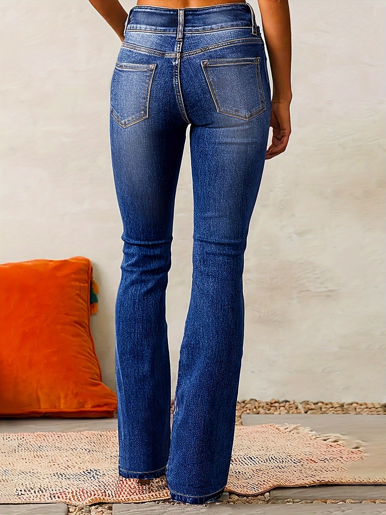 Women’s High-Waisted Flared Jeans – Stretch Polyester Denim Trousers