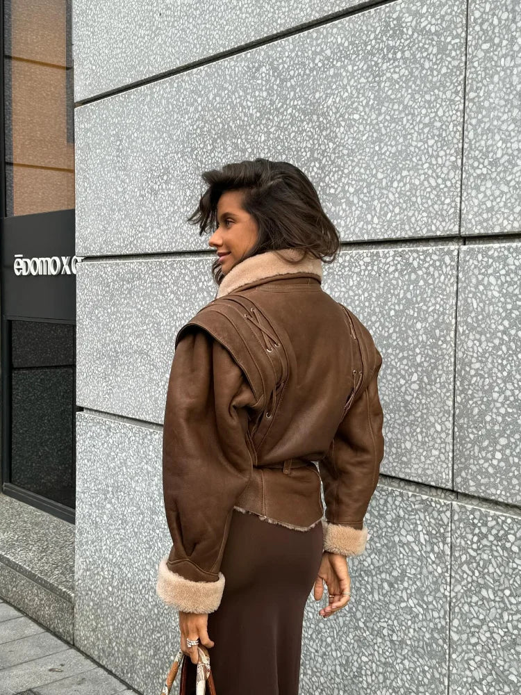 Paloma Faux Shearling Jacket – Brown Belted Winter Coat with Warm Lining