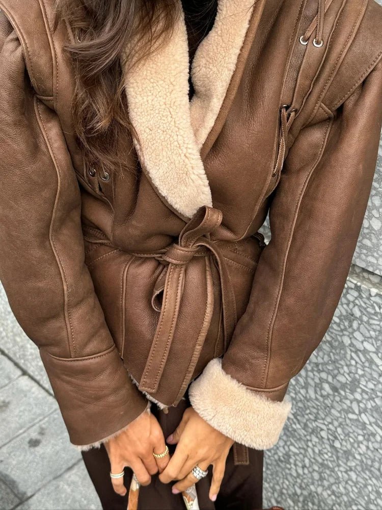 Paloma Faux Shearling Jacket – Brown Belted Winter Coat with Warm Lining