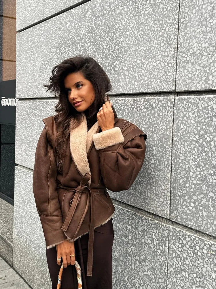 Paloma Faux Shearling Jacket – Brown Belted Winter Coat with Warm Lining