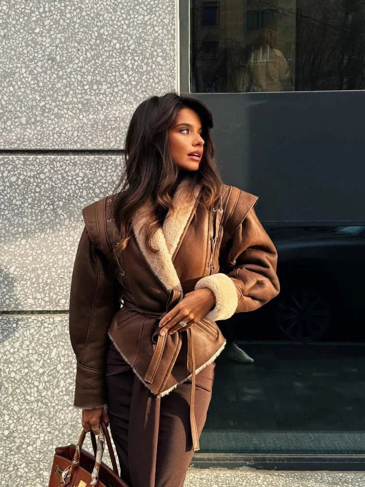 Paloma Faux Shearling Jacket – Brown Belted Winter Coat with Warm Lining