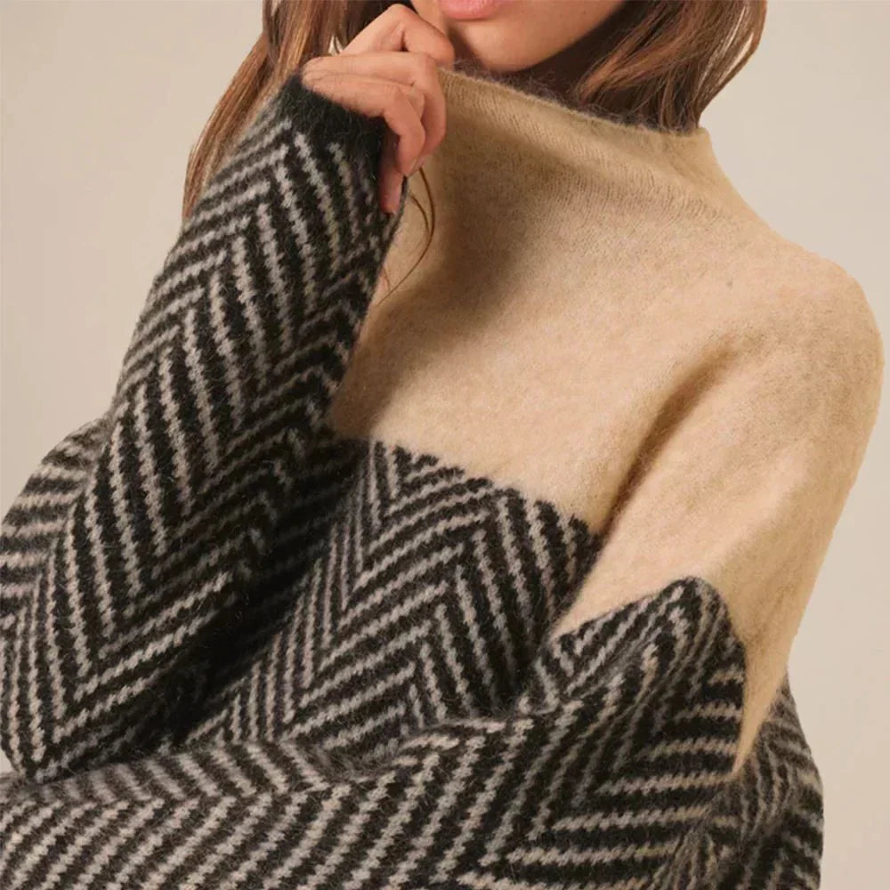 High Neck Knit Sweater – Beige & Black Herringbone Pattern Pullover