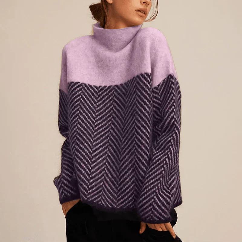 High Neck Knit Sweater – Beige & Black Herringbone Pattern Pullover