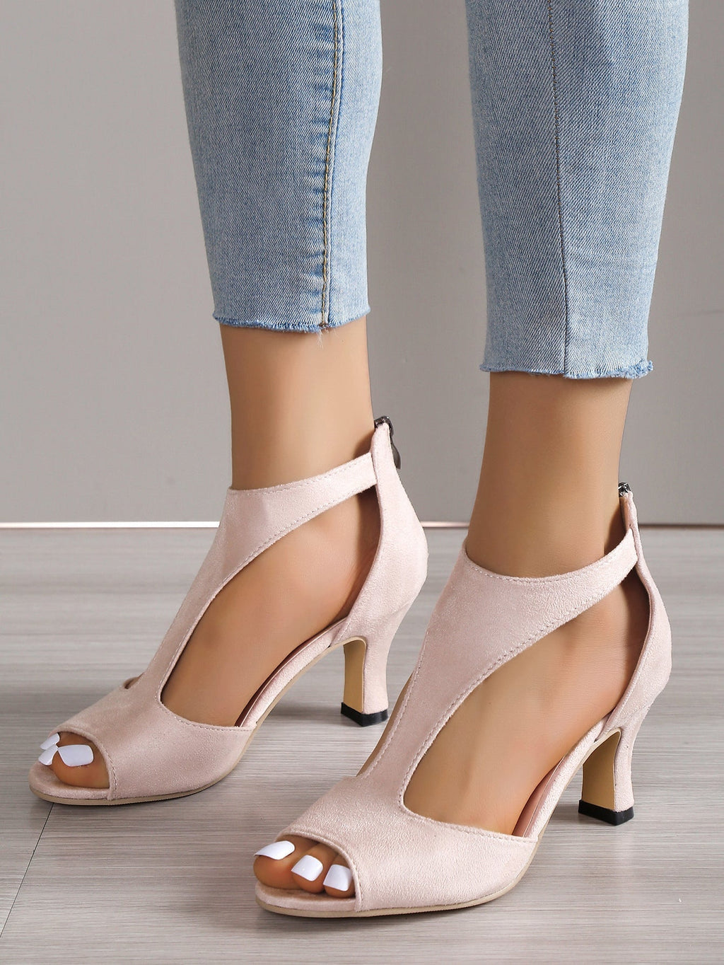Women’s Orthopedic Cutout Peep-Toe Heels – Elegant Suede Comfort Block Heels with Arch Support