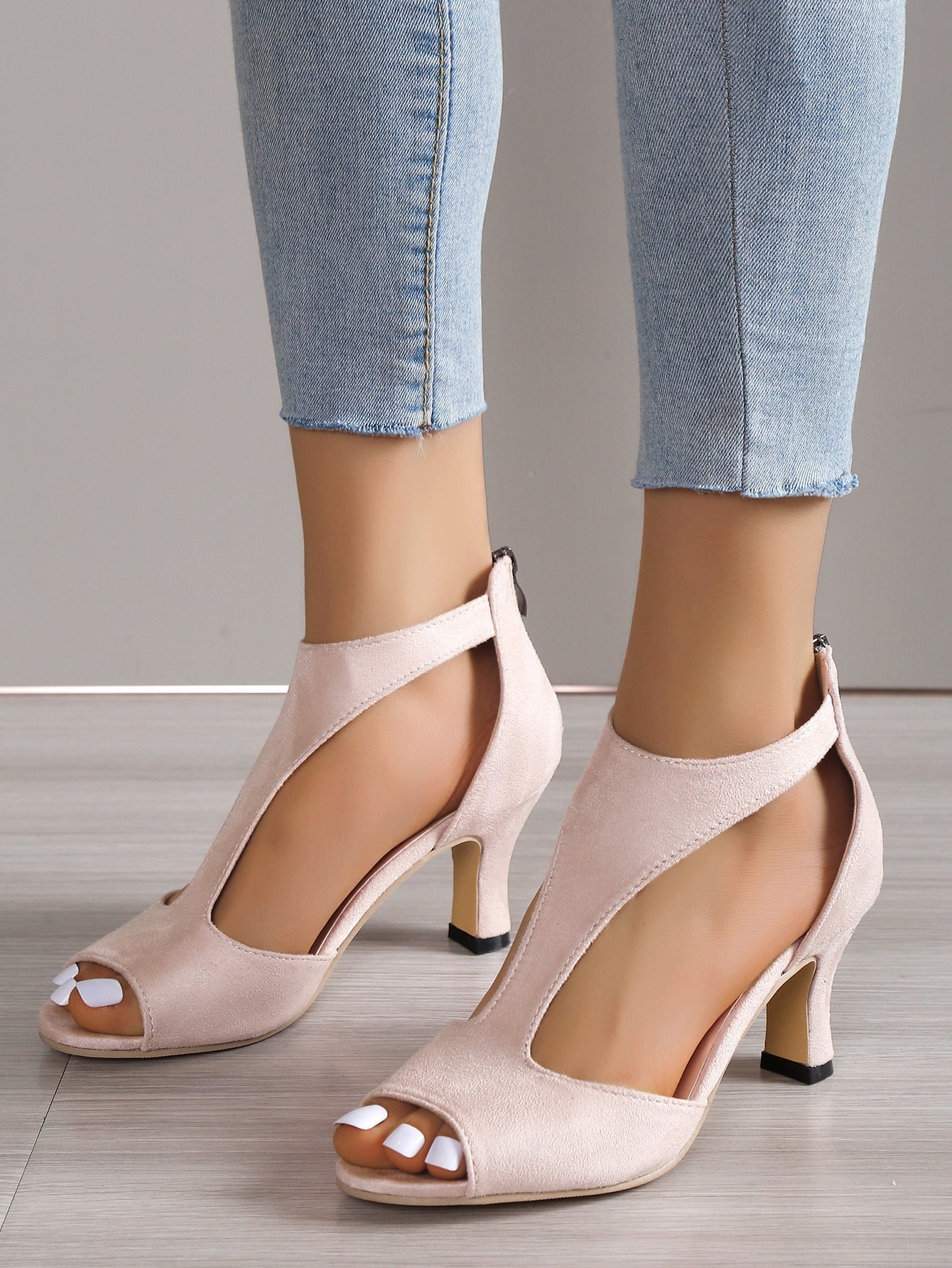 Women’s Orthopedic Cutout Peep-Toe Heels – Elegant Suede Comfort Block Heels with Arch Support