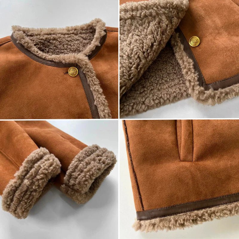 Terhild Faux Shearling Jacket – Camel Short Coat with Cozy Lining