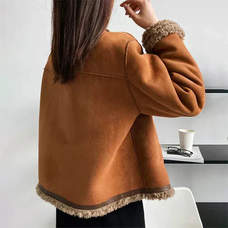 Terhild Faux Shearling Jacket – Camel Short Coat with Cozy Lining