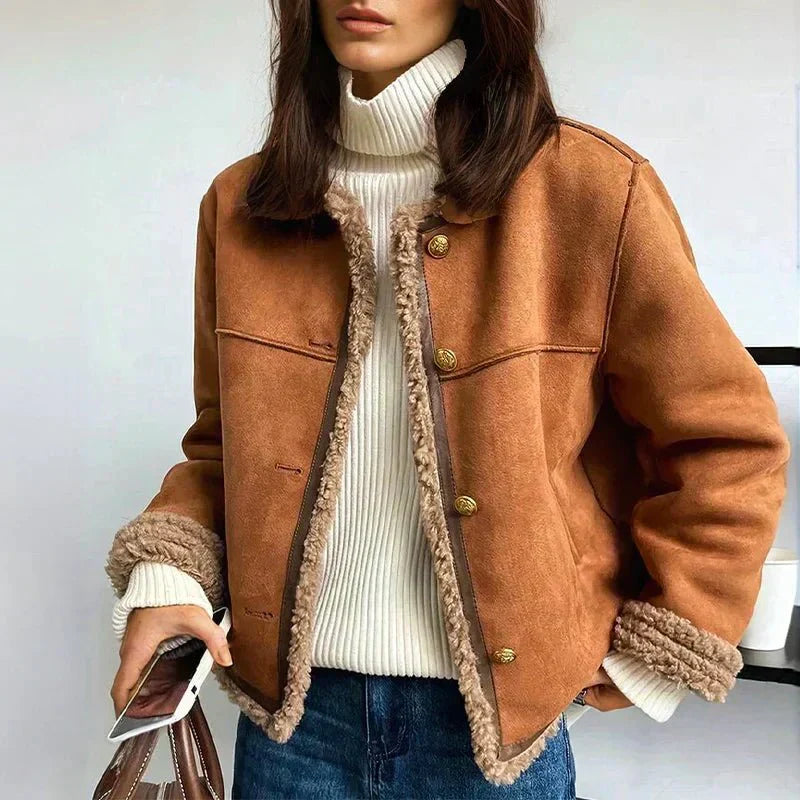 Terhild Faux Shearling Jacket – Camel Short Coat with Cozy Lining