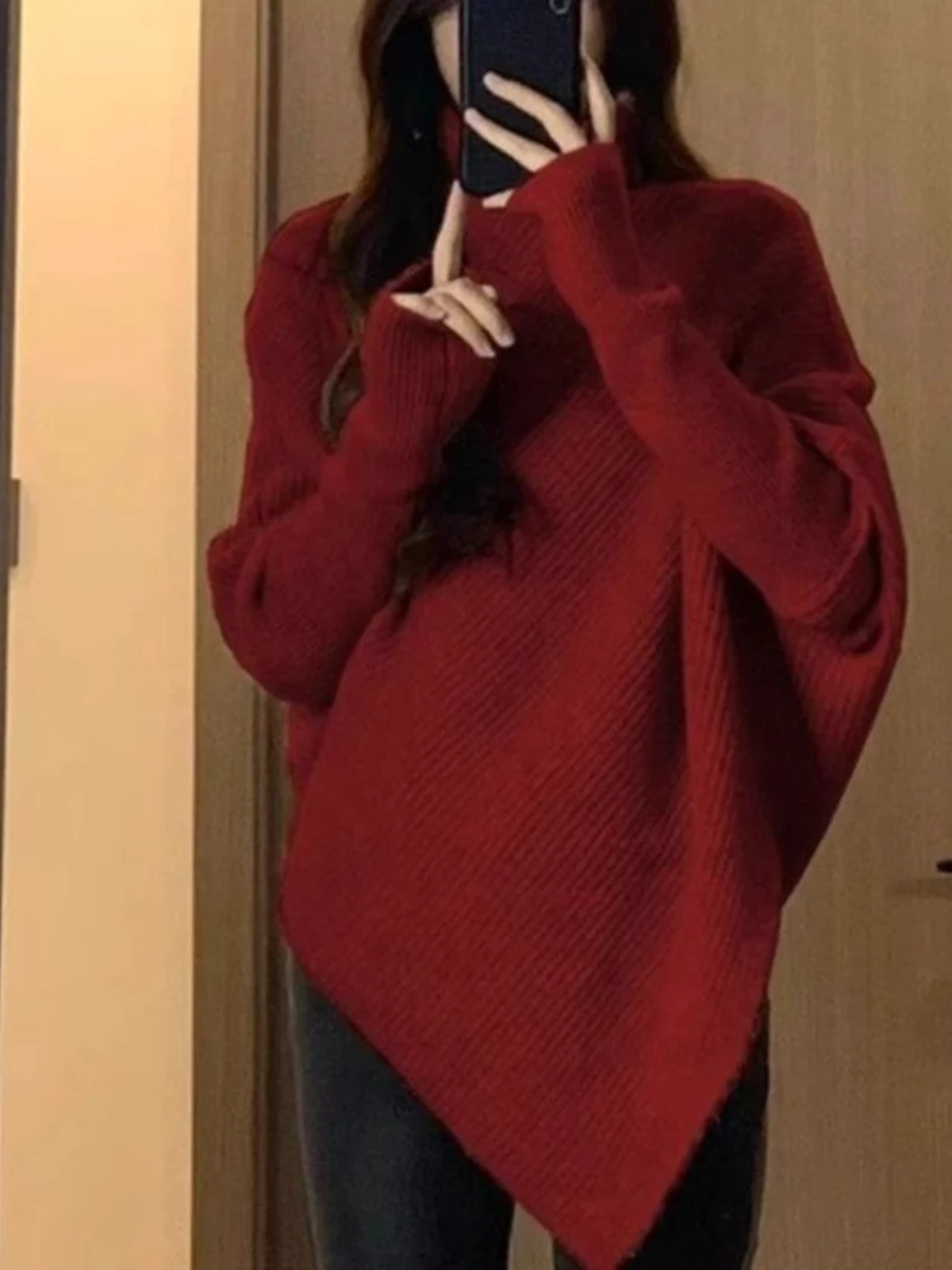 Women’s Asymmetrical Knit Sweater – Relaxed Fit Long Sleeve Top with Soft Drape