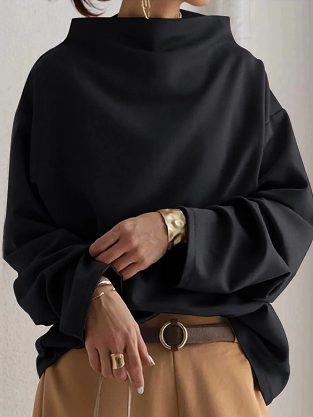 Women’s Casual Relaxed Sweater – Sculpted Neckline Pullover with Gathered Sleeves