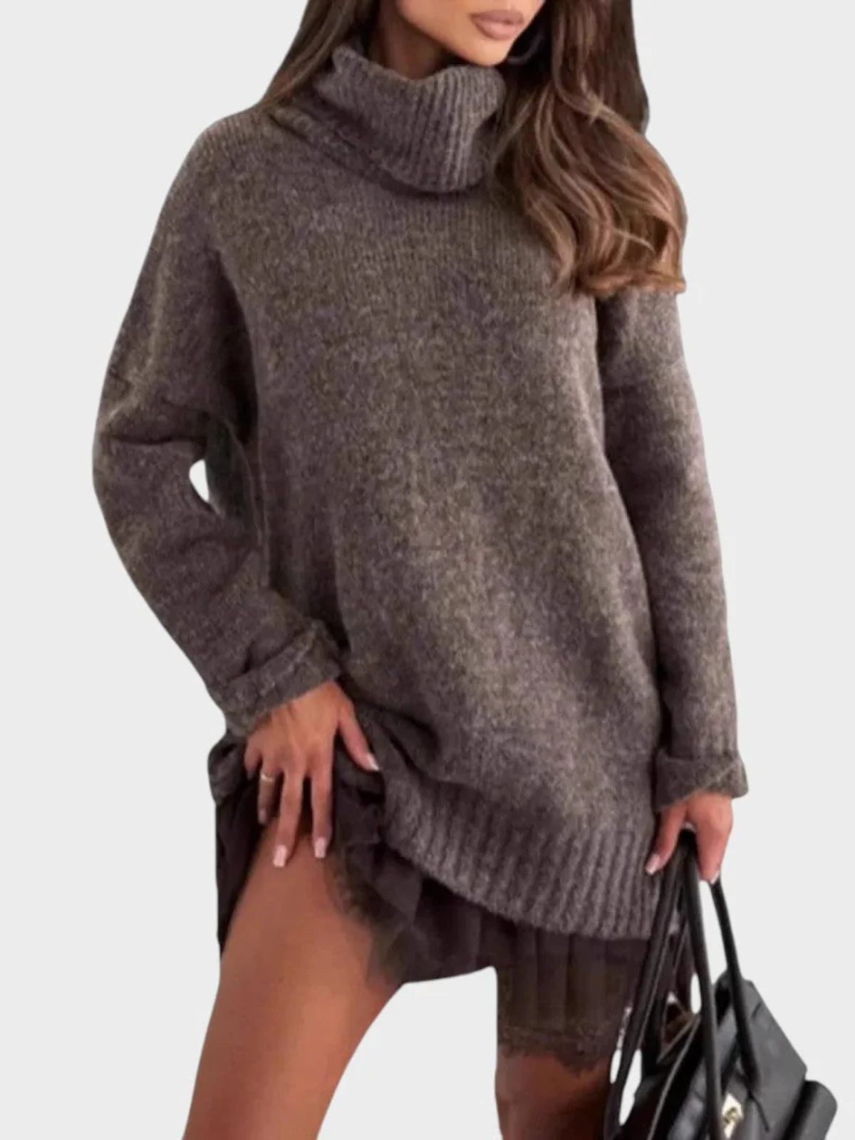 Women’s High Neck Casual Sweater – Relaxed Fit Longline Knit with Textured Finish