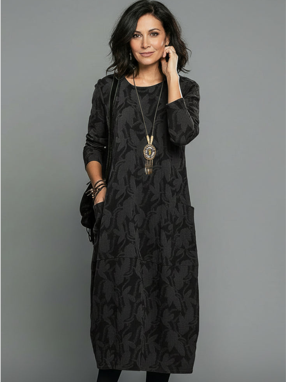 Women’s Casual Midi Dress – Relaxed Fit Textured Dress with Side Pockets