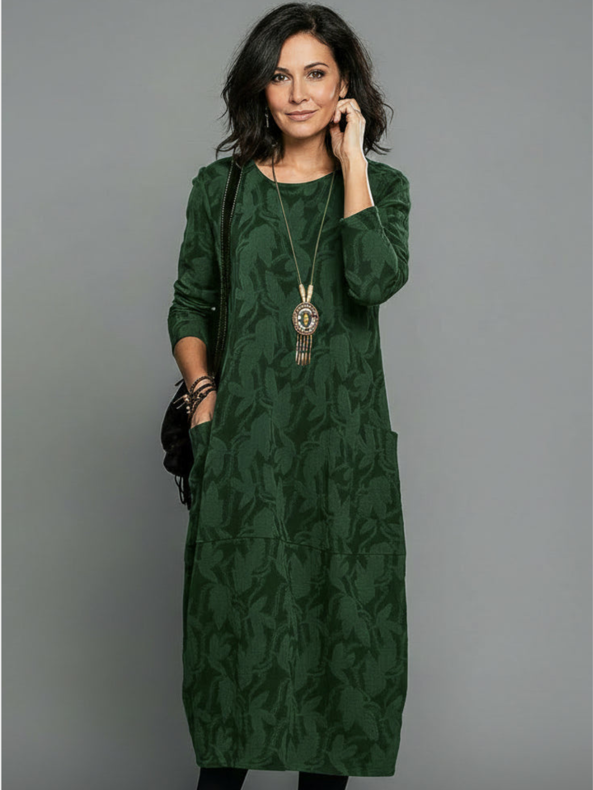 Women’s Casual Midi Dress – Relaxed Fit Textured Dress with Side Pockets
