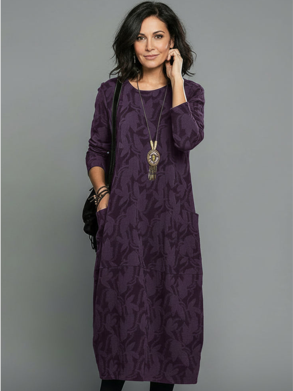 Women’s Casual Midi Dress – Relaxed Fit Textured Dress with Side Pockets