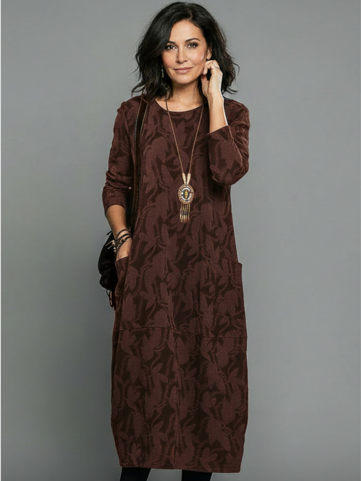 Women’s Casual Midi Dress – Relaxed Fit Textured Dress with Side Pockets
