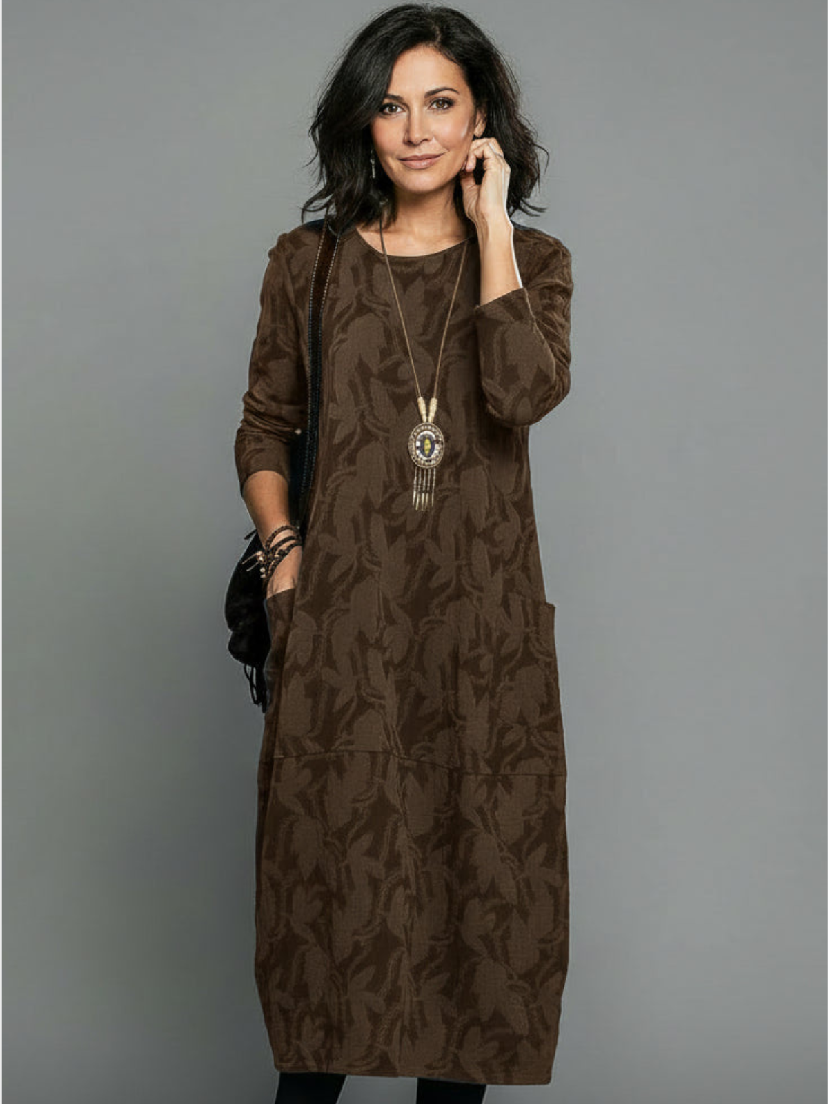 Women’s Casual Midi Dress – Relaxed Fit Textured Dress with Side Pockets