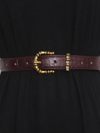 Leather Waist Belt for Women – Croc-Effect Finish with Gold-Tone Buckle for Dresses and Blazers