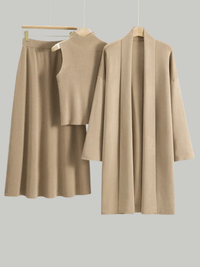 Knit Co-Ord Set for Women – Three-Piece Sleeveless Top, A-Line Skirt and Long Cardigan for Everyday Wear