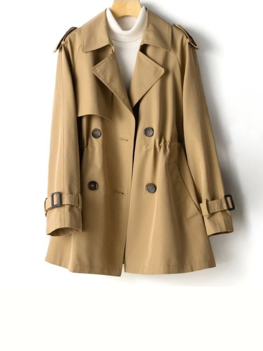 Women’s Trench Coat with Waist Cinch – Double-Breasted Cotton Coat for Smart City and Everyday Wear