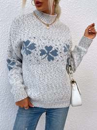 Women’s Floral High-Neck Jumper – Relaxed Polyester Knit for Autumn & Winter