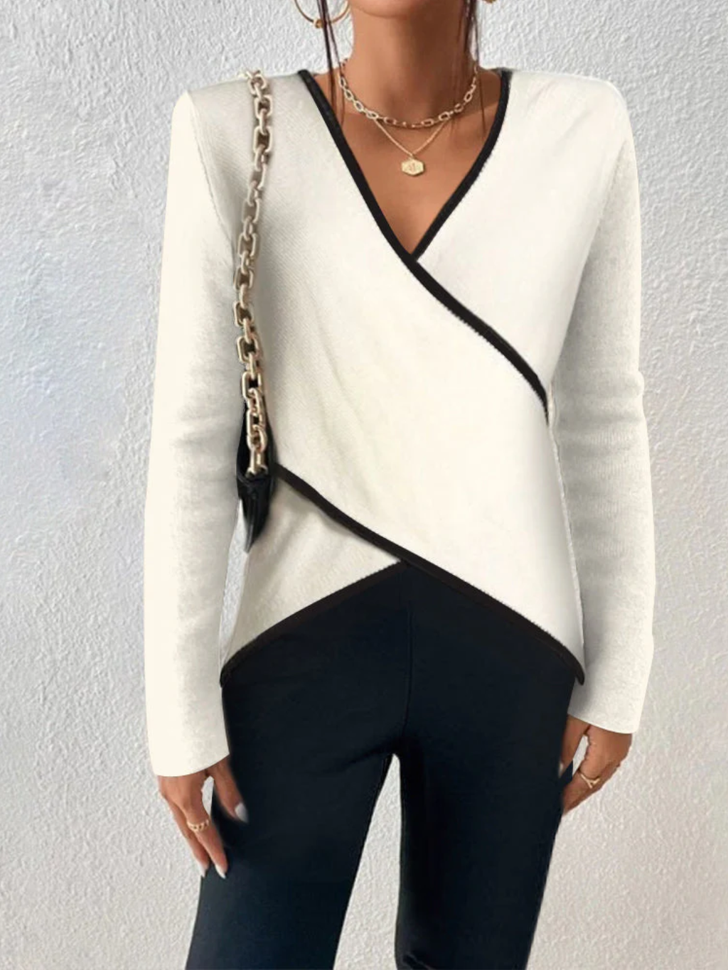 Elegant Wrap Jumper for Women – Flattering Contrast Trim Knit Top