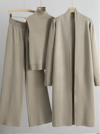 Women’s 3-Piece Knit Lounge Set – Soft Cardigan, Sleeveless Top & Wide-Leg Pants