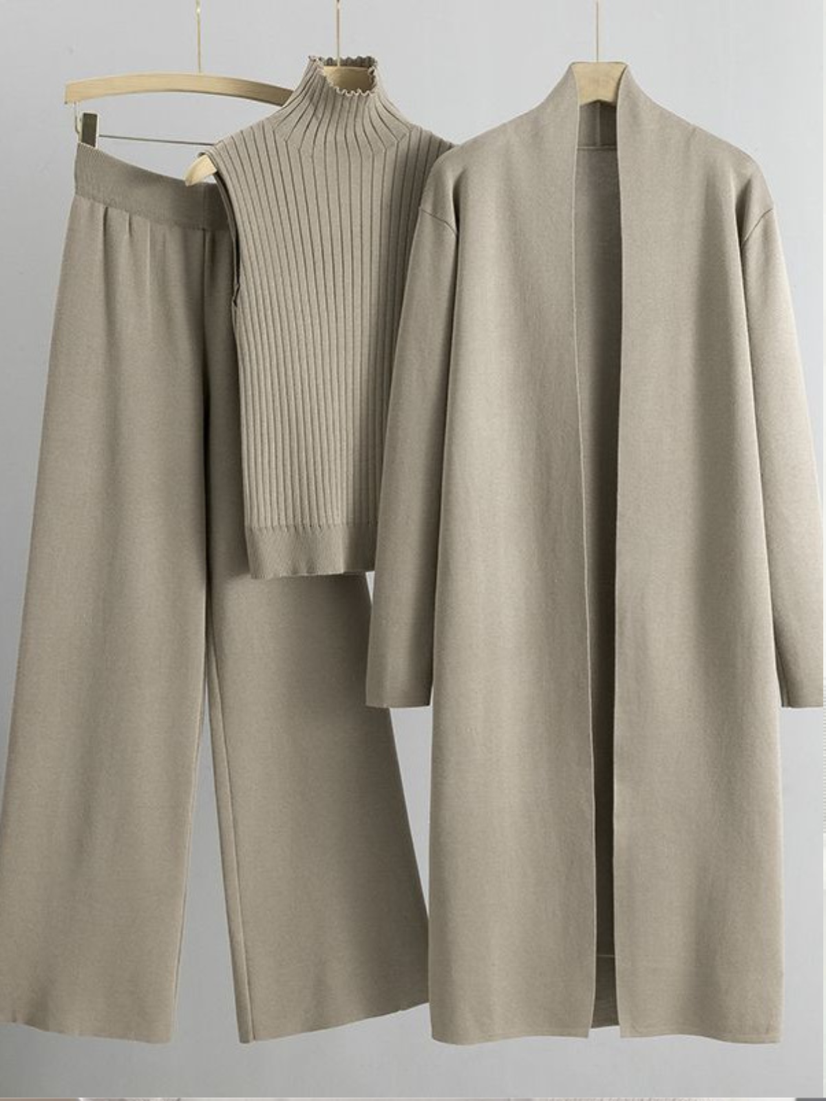 Women’s 3-Piece Knit Lounge Set – Soft Cardigan, Sleeveless Top & Wide-Leg Pants