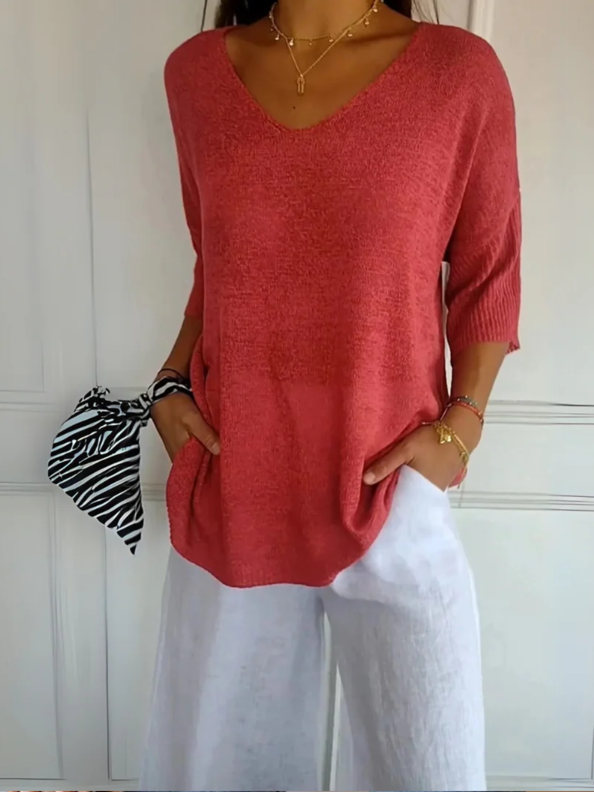 Women’s V-Neck Relaxed Fit Top – Lightweight Casual Knit