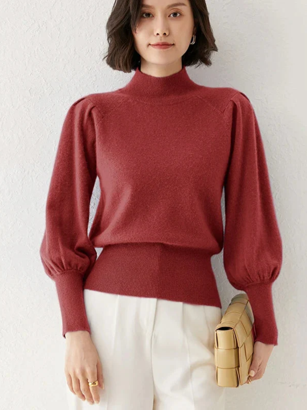 Women’s Merino Wool High-Neck Sweater – Soft Luxury with Puffed Sleeves