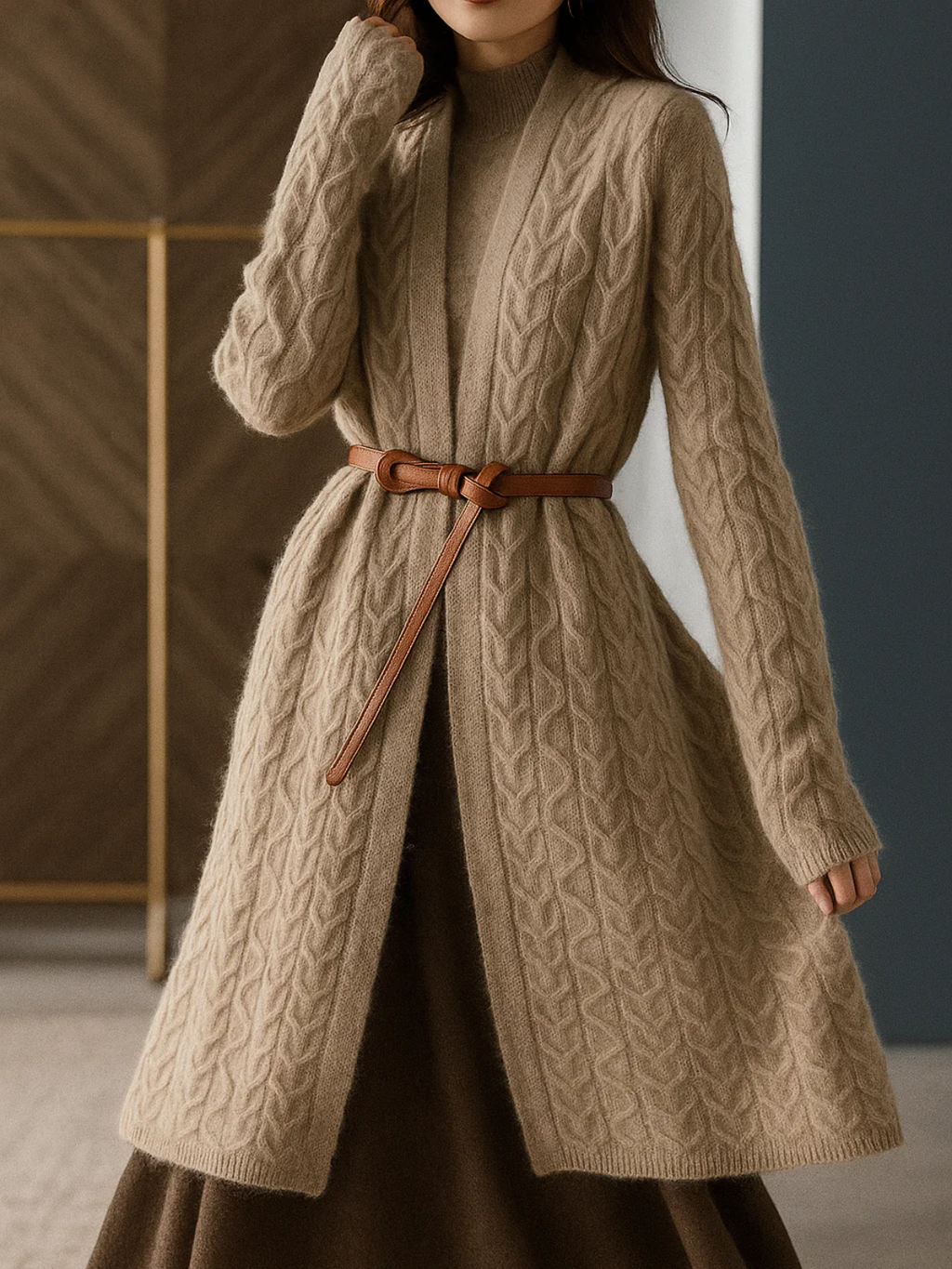 Women’s Long Cable Knit Cardigan – Cozy Merino Blend Layer for Winter Elegance