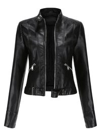 Women’s High-Collar PU Leather Jacket – Slim Fit Moto Style with Zip Details