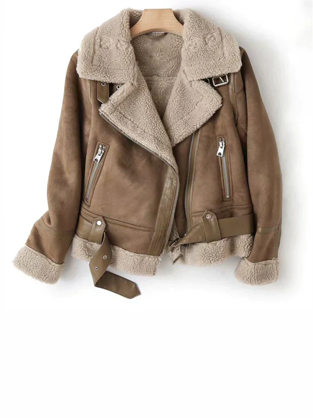 Women’s Faux Suede Shearling Aviator Jacket – Warm Winter Coat