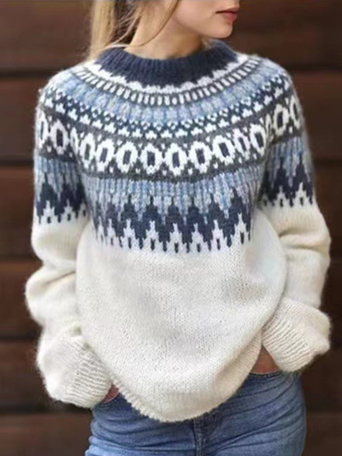Women’s Fair Isle Knit Jumper – Cozy Winter Crewneck Sweater with Classic Pattern
