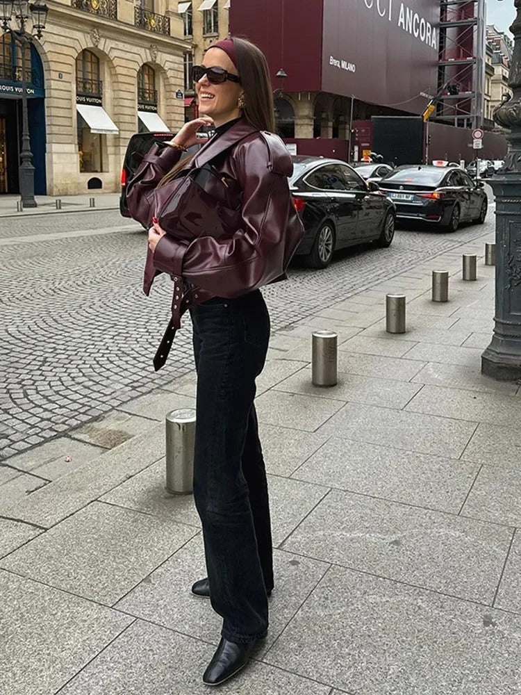 Leather Coat – Oversized Burgundy Fall Jacket with Belted Detail