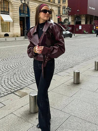 Leather Coat – Oversized Burgundy Fall Jacket with Belted Detail