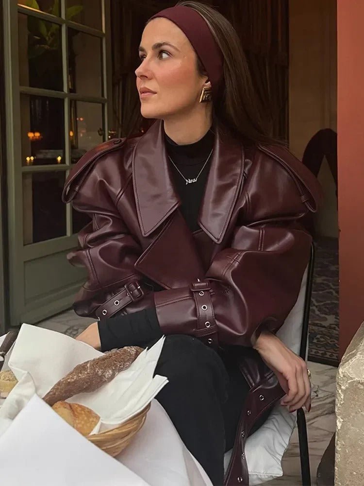 Leather Coat – Oversized Burgundy Fall Jacket with Belted Detail