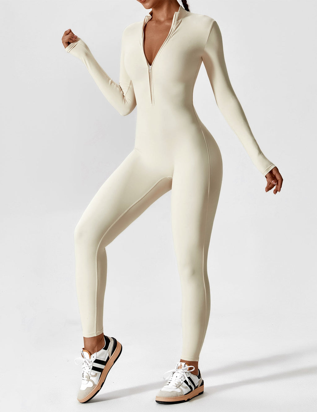 Long Sleeve Zip Jumpsuit – Stretch One-Piece Activewear with Sculpting Fit