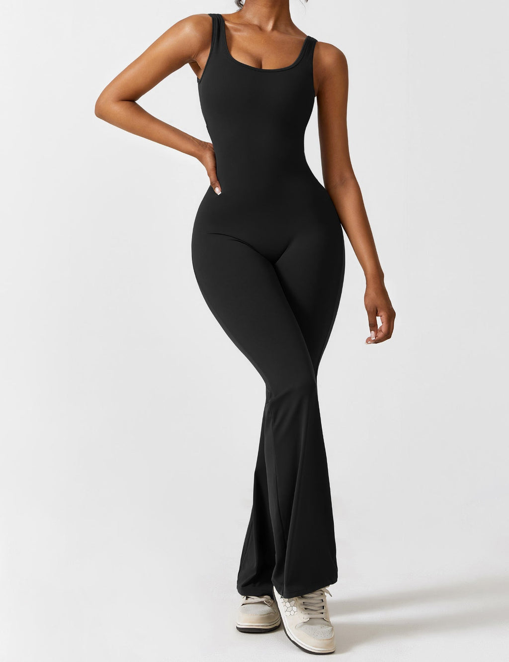 Women’s Open Back Flared Jumpsuit – Deep V-Cut, Scrunch Detail & Stretch Comfort
