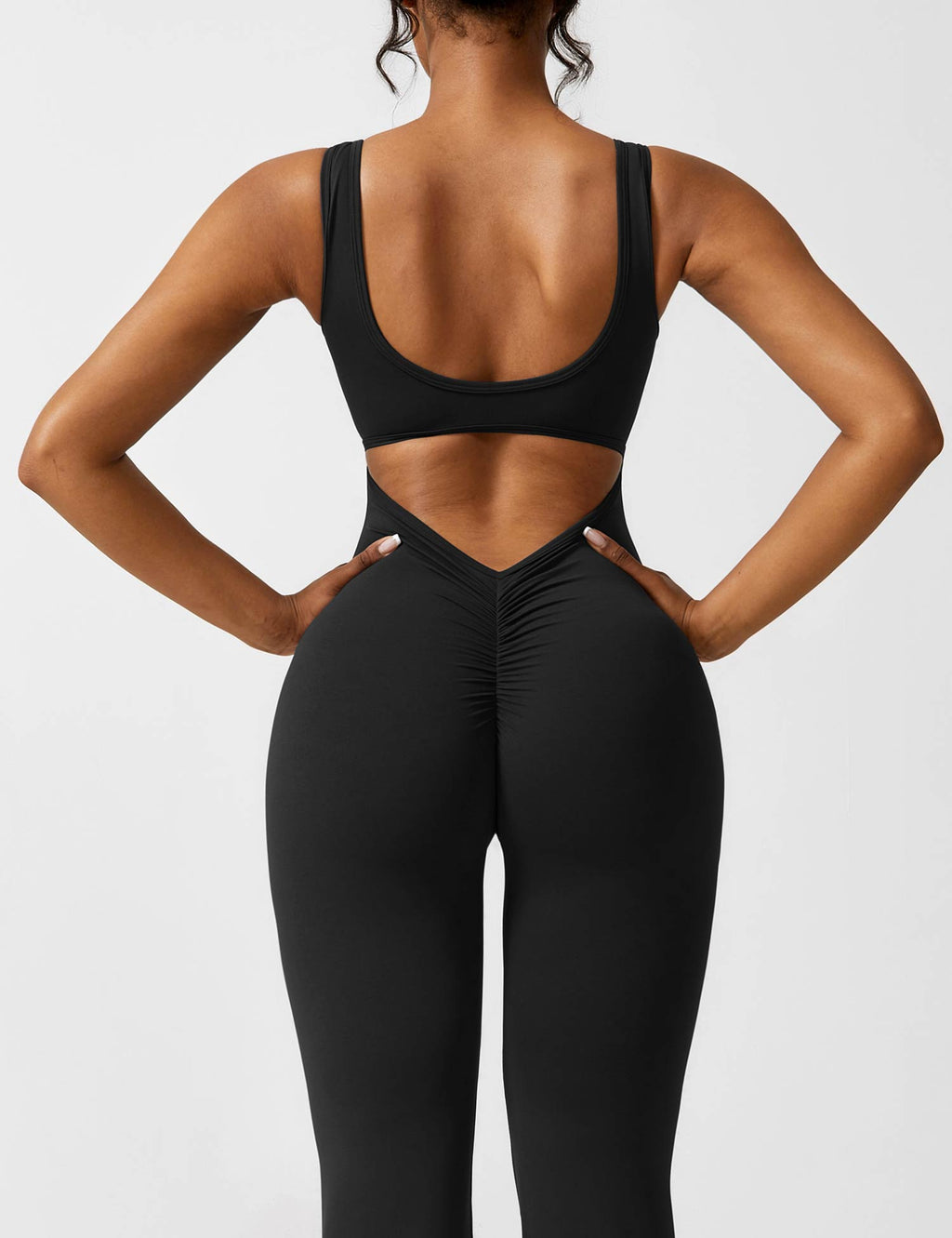 Women’s Open Back Flared Jumpsuit – Deep V-Cut, Scrunch Detail & Stretch Comfort