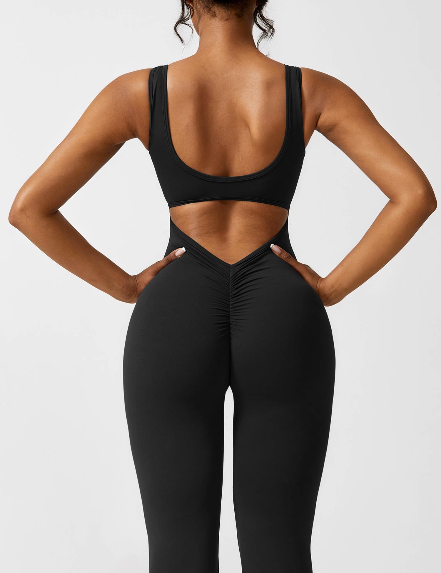 Women’s Open Back Flared Jumpsuit – Deep V-Cut, Scrunch Detail & Stretch Comfort