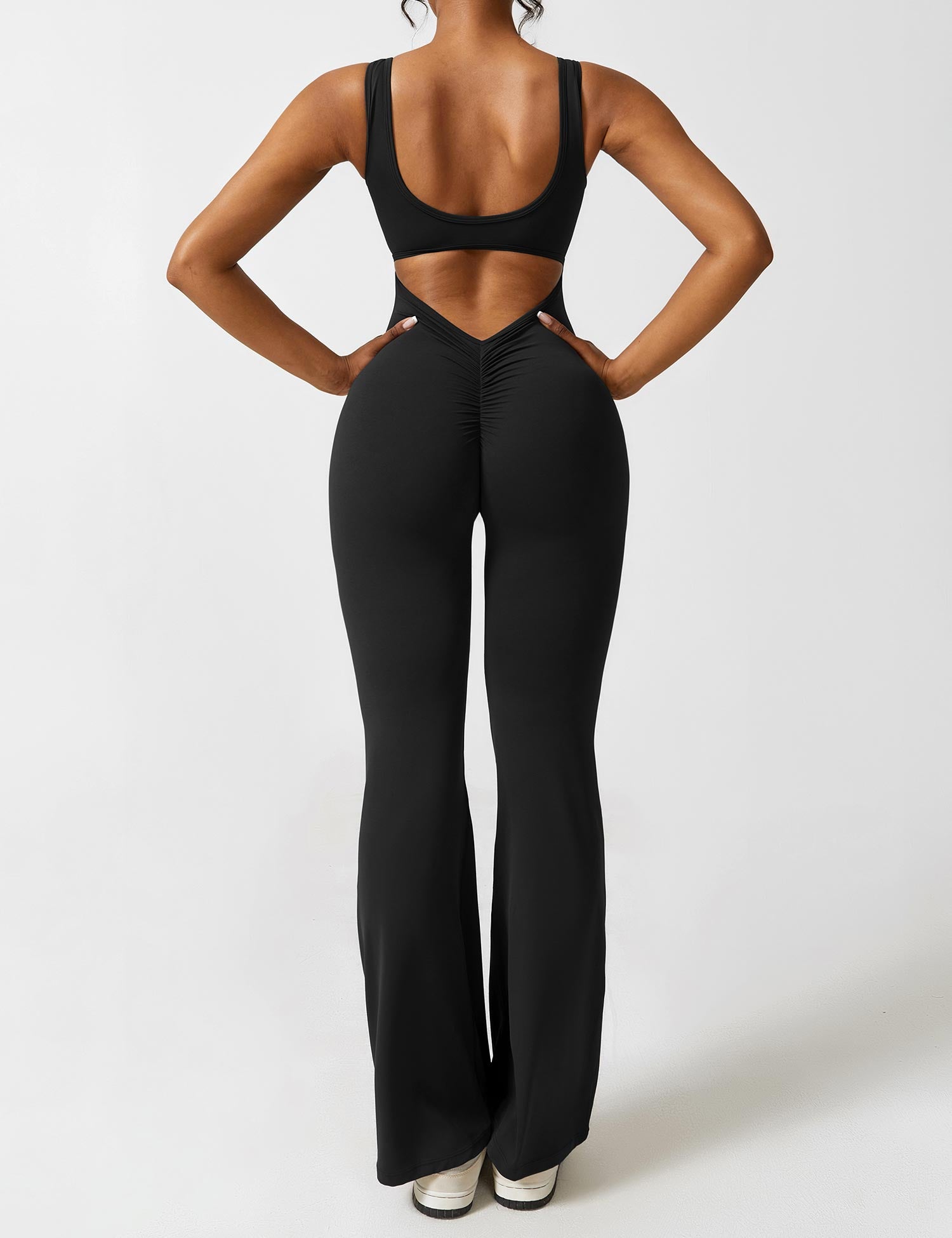 Women’s Open Back Flared Jumpsuit – Deep V-Cut, Scrunch Detail & Stretch Comfort