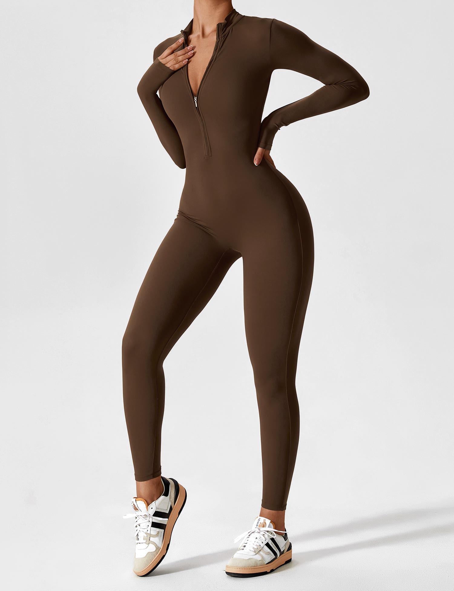 Long Sleeve Zip Jumpsuit – Stretch One-Piece Activewear with Sculpting Fit