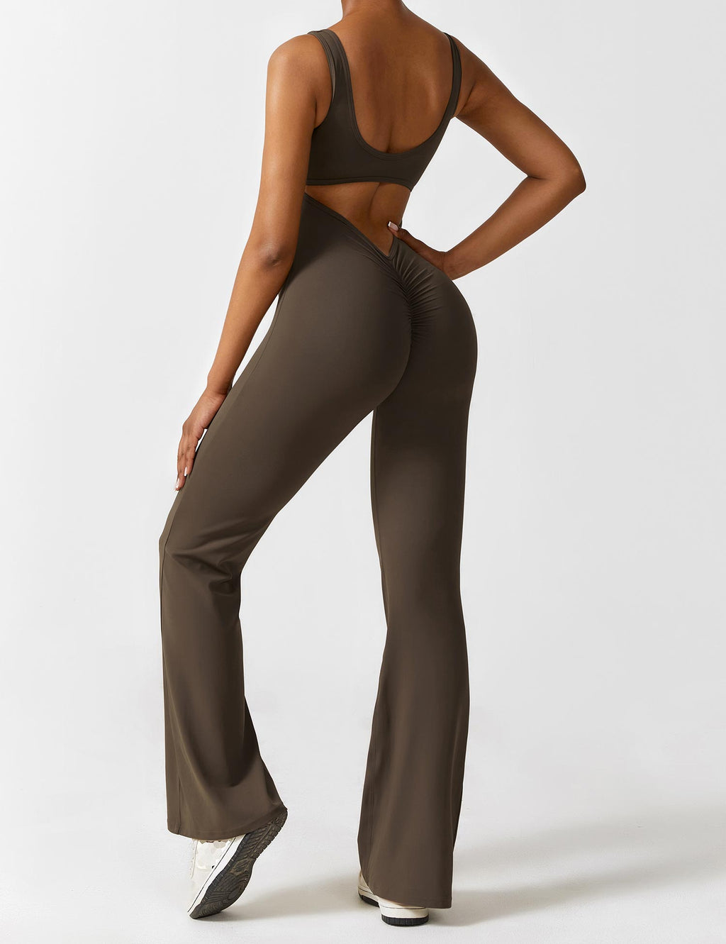 Women’s Open Back Flared Jumpsuit – Deep V-Cut, Scrunch Detail & Stretch Comfort