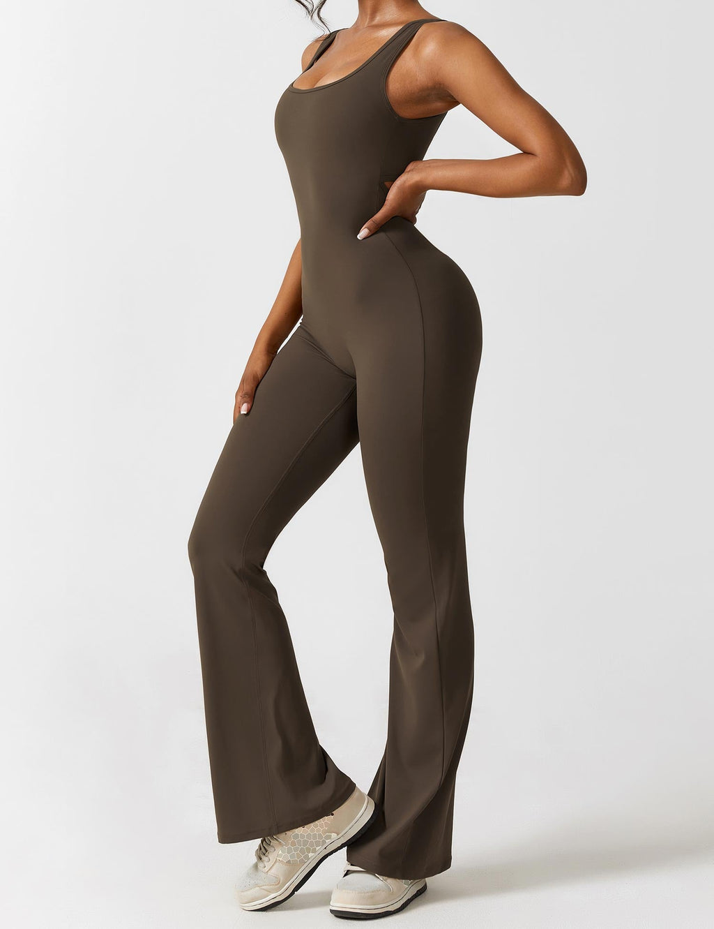 Women’s Open Back Flared Jumpsuit – Deep V-Cut, Scrunch Detail & Stretch Comfort