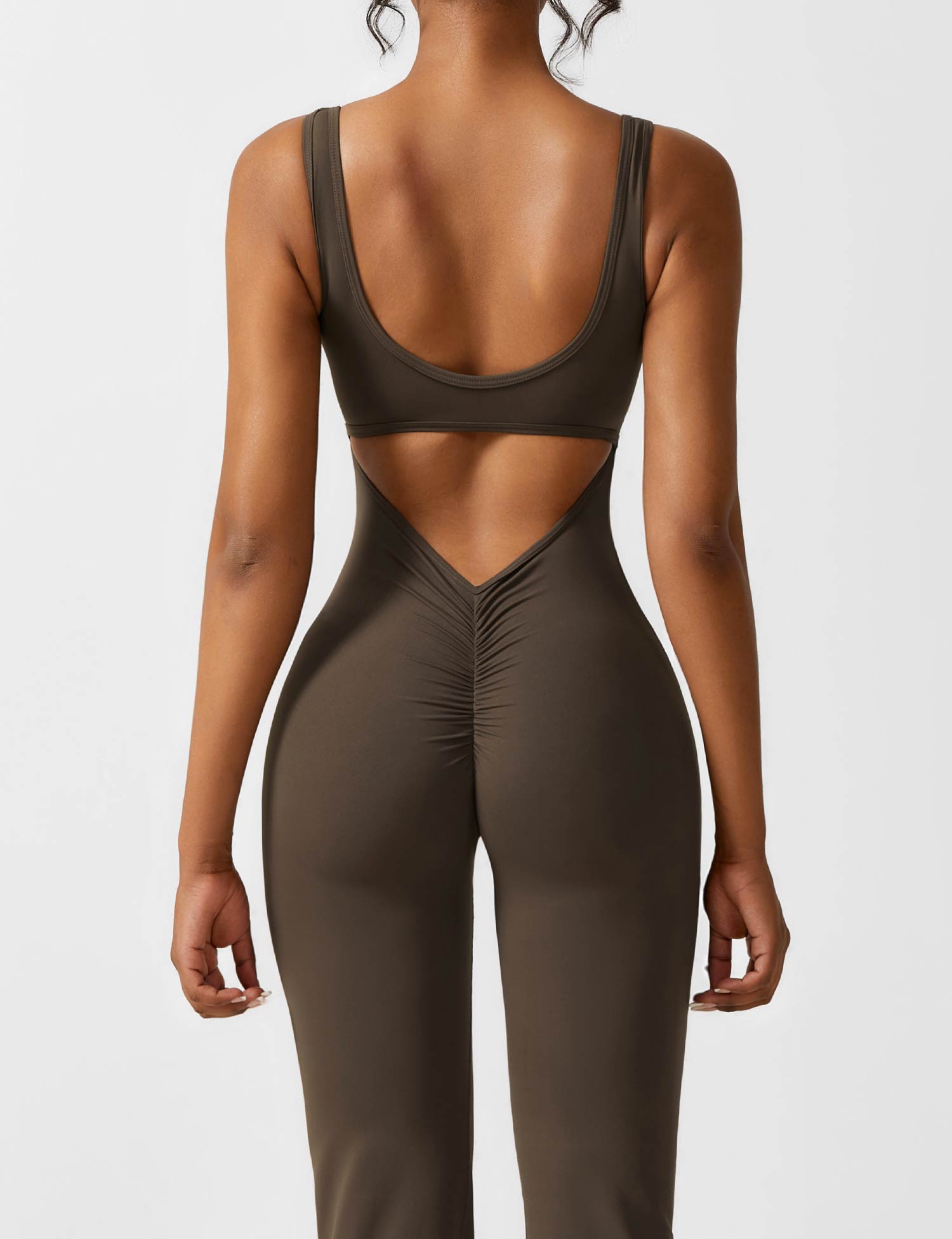 Women’s Open Back Flared Jumpsuit – Deep V-Cut, Scrunch Detail & Stretch Comfort