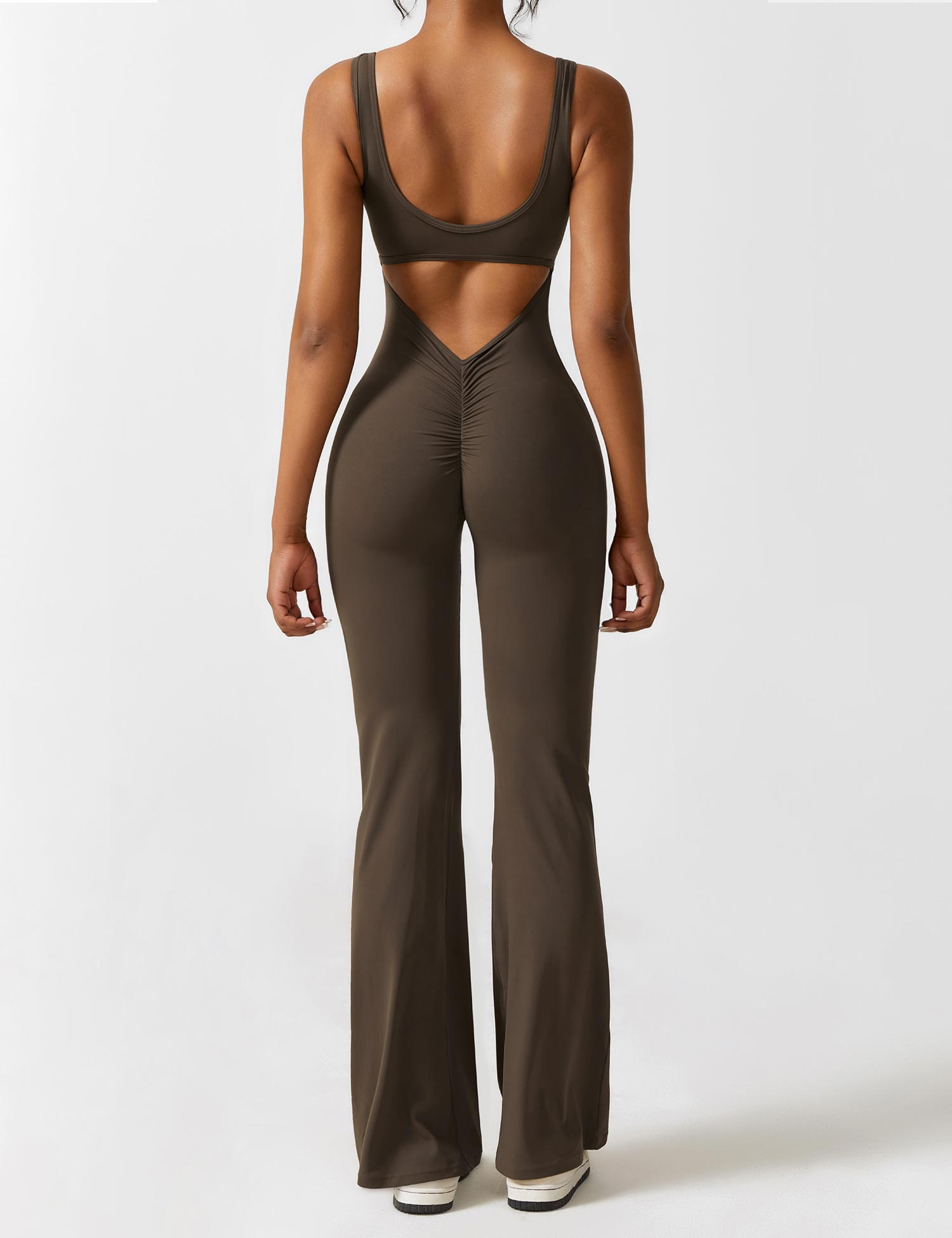 Women’s Open Back Flared Jumpsuit – Deep V-Cut, Scrunch Detail & Stretch Comfort